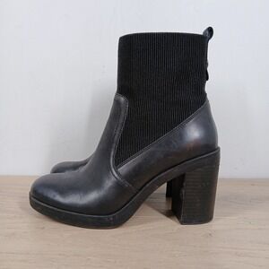 Crown Vintage Adventure Ankle Boots Womens 7M Black Leather Knit Block Heel